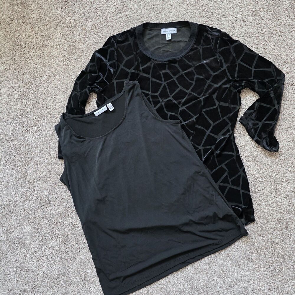 Susan Graver Velvet Burnout Tunic Top & Liquid Knit Tank SET M Black A343071 2pc